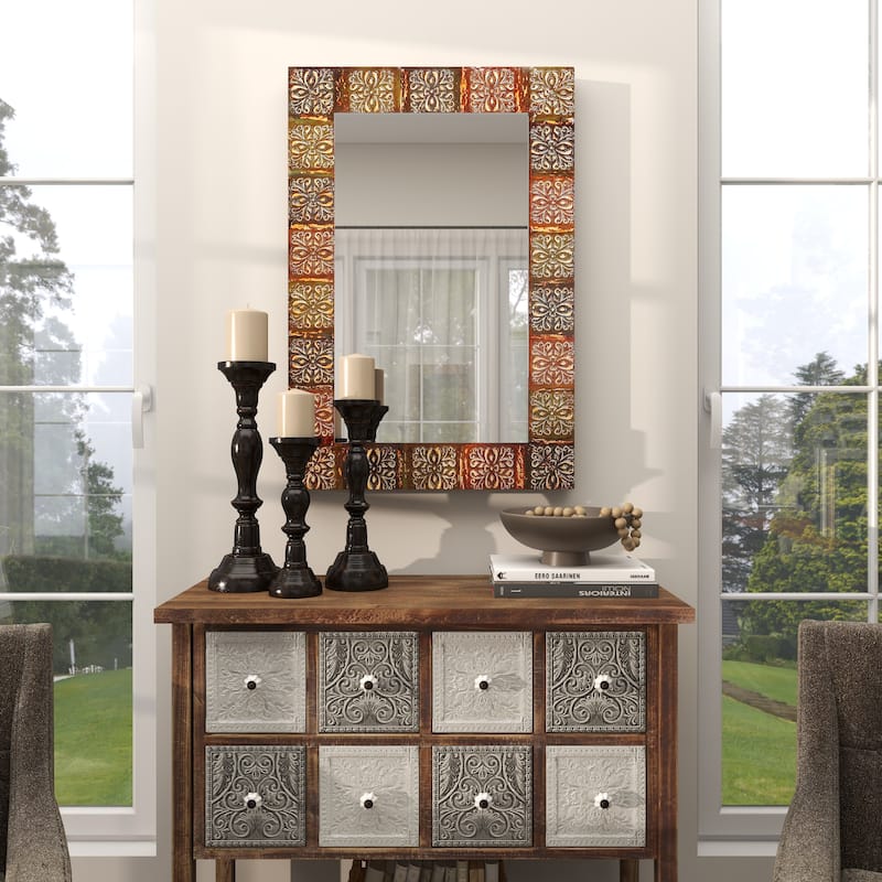 Metal Floral Room Wall Mirror with Embossed Metal - Multi Colored - Roche River Decor