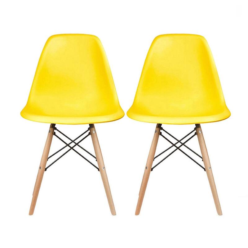 Set of 2 Mid-Century Modern Dining Chairs Armless Plastic Shell Seat with Natural WoodenEiffel Leg Base, Orange - Yellow