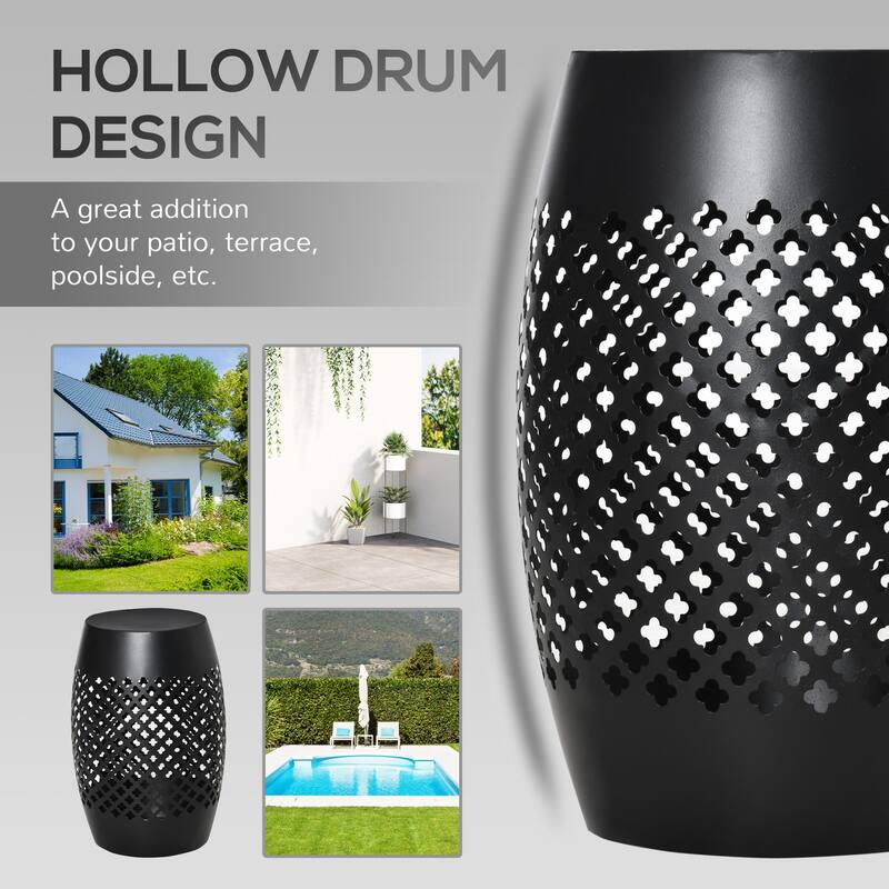 12.5" Patio Round Hollow Drum Side Table, Steel Accent Table