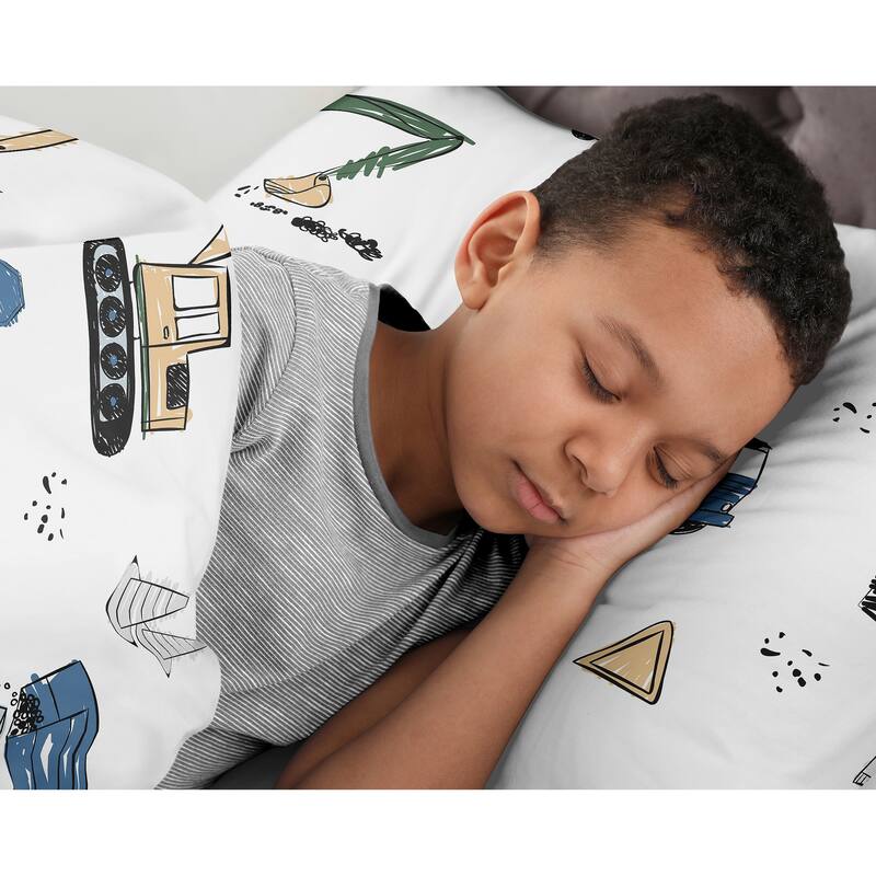Construction Truck Collection Boy 2pc Twin-size Comforter Set - Grey Yellow Black Blue and Green Transportation Chevron Arrow