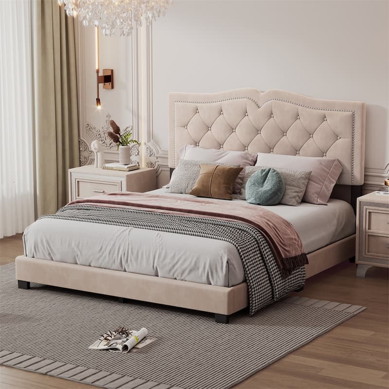 Queen Size Upholstered Bed Frame with Rivet Design,Tufted Headboard