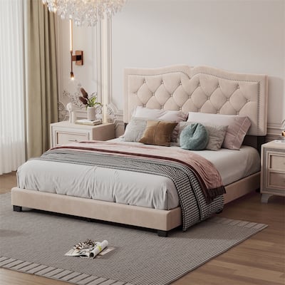 Queen Size Upholstered Bed Frame with Rivet Design,Tufted Headboard