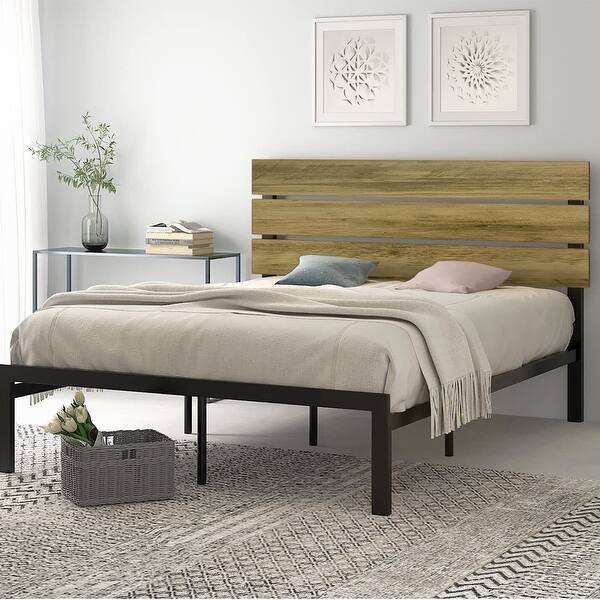 Full Metal Bed Frame with Rustic Wood Headboard, Dark Brown Bed Bath