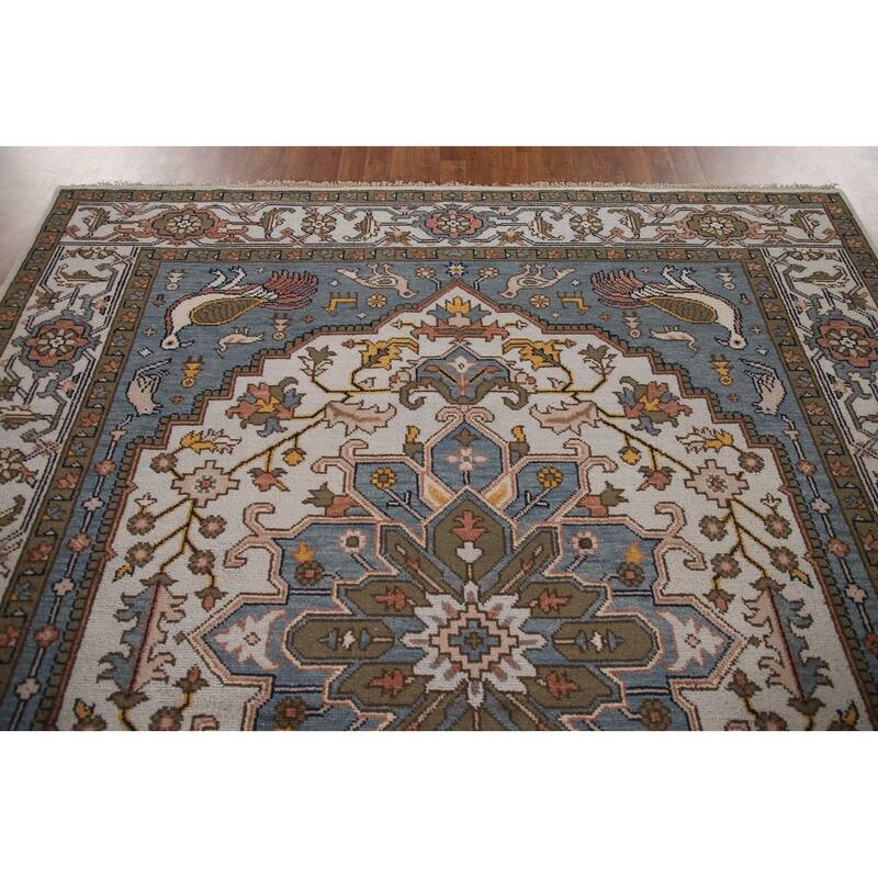 Animal Pictorial Heriz Serapi Indian Area Rug Handmade Wool Carpet - 7'10"x 9'7"