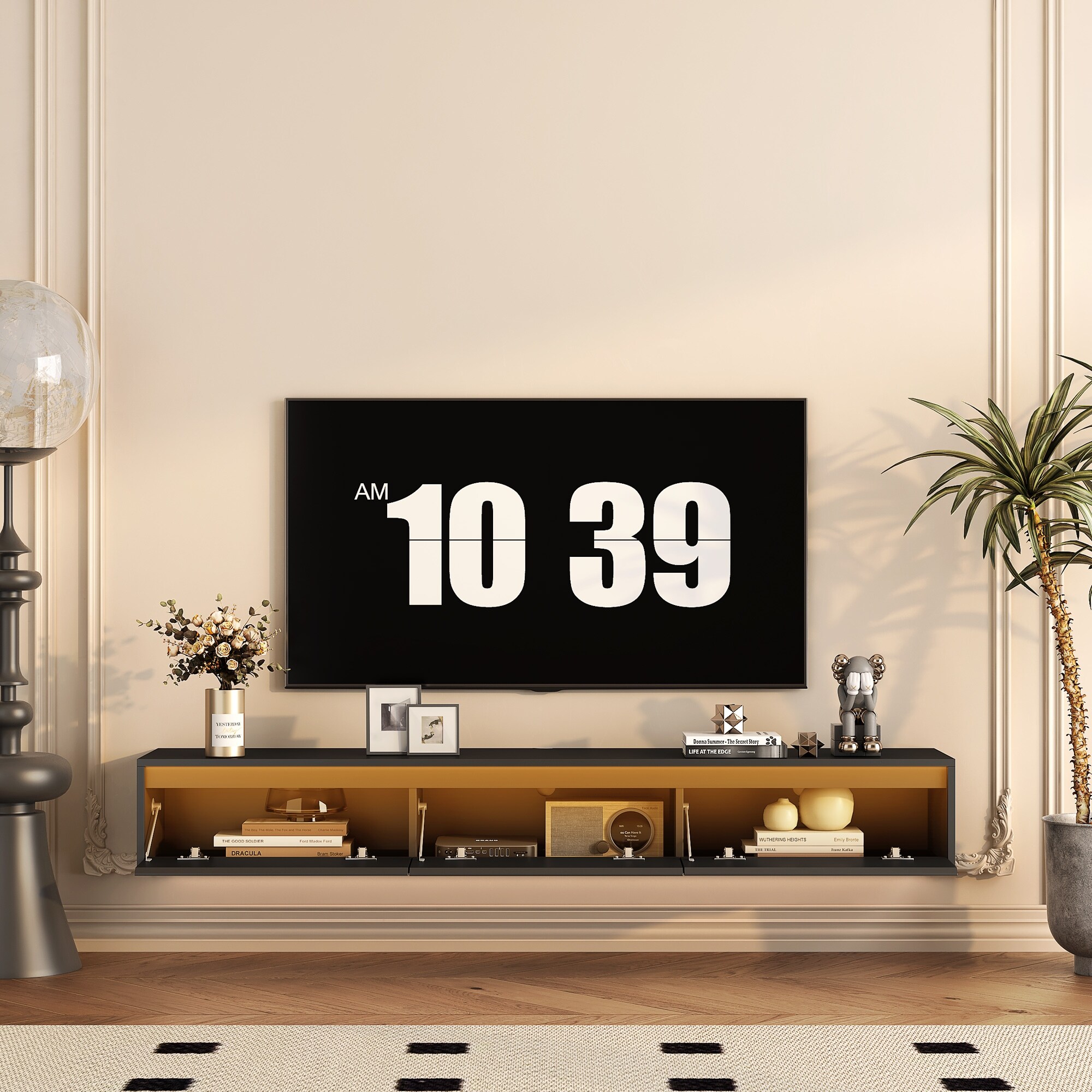 Floating TV Stand Wall Mounted TV Shelf with LED Lights Power Outlet High Gloss Media Console TV Cabinet for Living Room On Sale Bed Bath Beyond 40952310