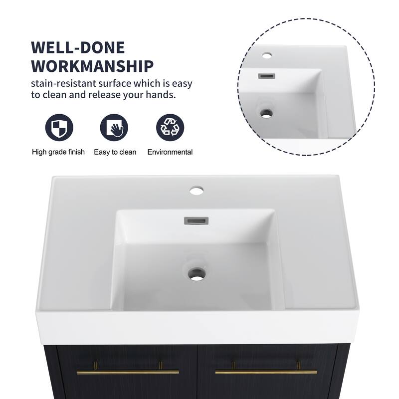 Contemporary Bathroom Vanity with Resin Sink, Soft Closing Hinges, Black Chestnut Finish - 29.5in L Plywood