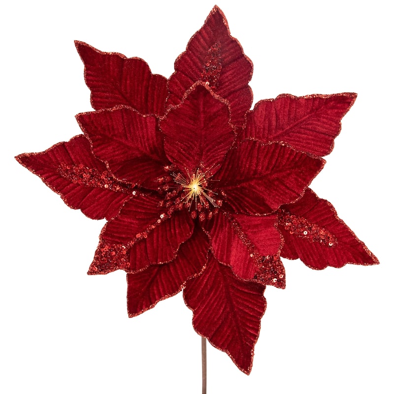 20" Lighted Red Glittered Velvet Christmas Poinsettia Floral Pick - 20