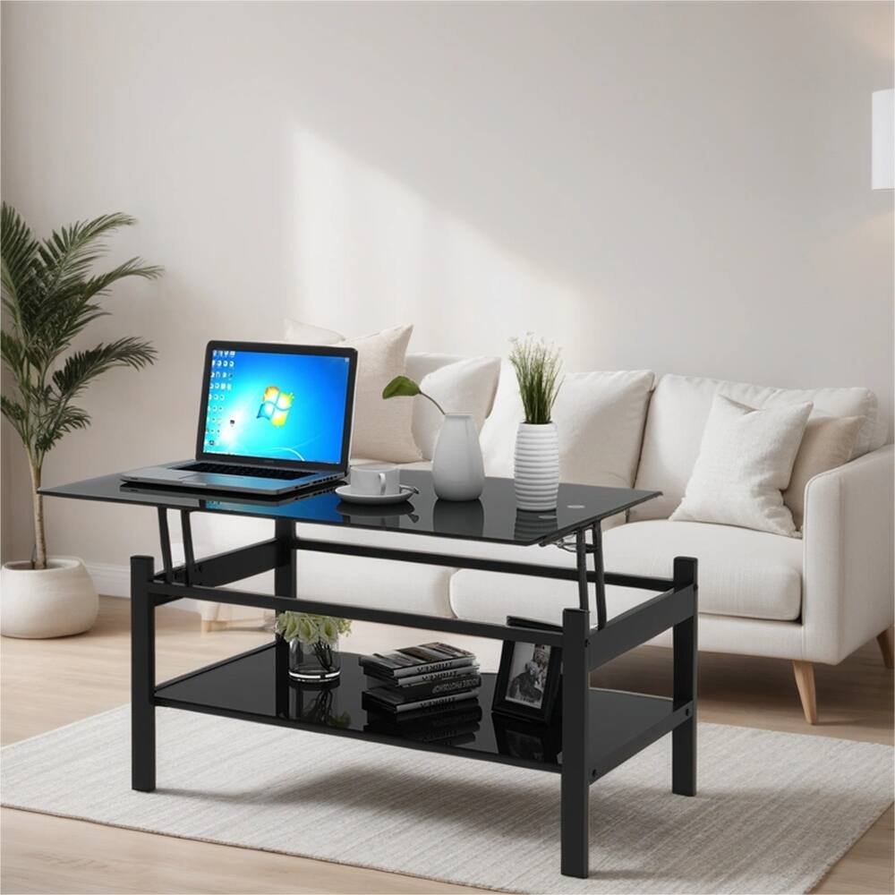 Modern 2-Layer Tempered Glass Lift Top Coffee Table with Metal Frame