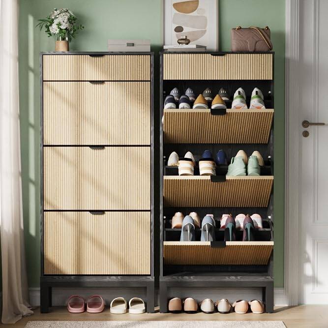 Shoe Storage Cabinet with 3 Flip Drawers, Fluted Shoe Organizer with Metal Legs