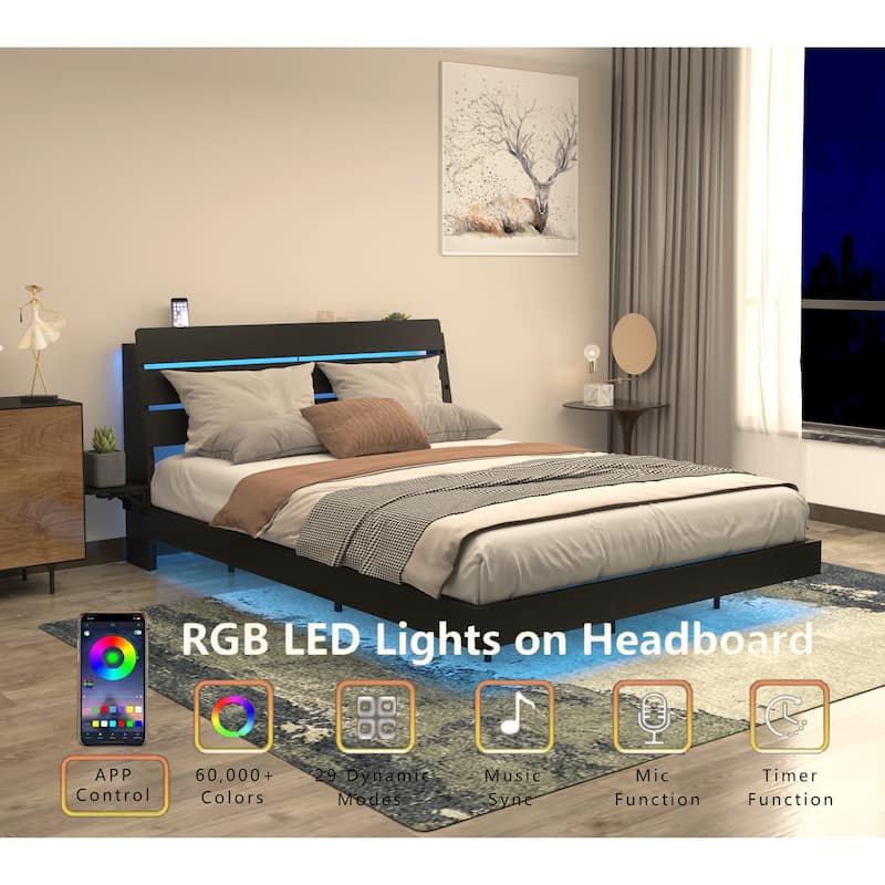 Wood Queen Size Floating Bed Frame with Led Lights, Foldable Side Tabletop and Storage Headboard Built-in Charging Station