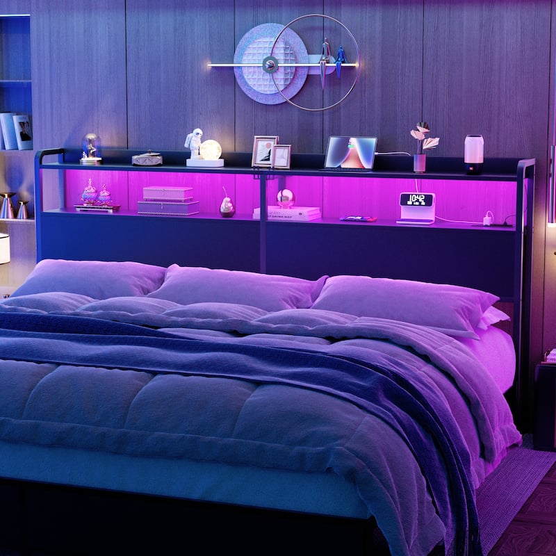 Headboard with Storage Drawers and LED Light, Head Board with Outlets, USB Ports