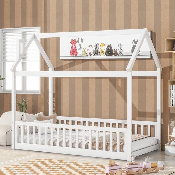 slide 2 of 9, Twin Size Pine Wood House Bed Frame with Guardrails & Slats, White White - Twin
