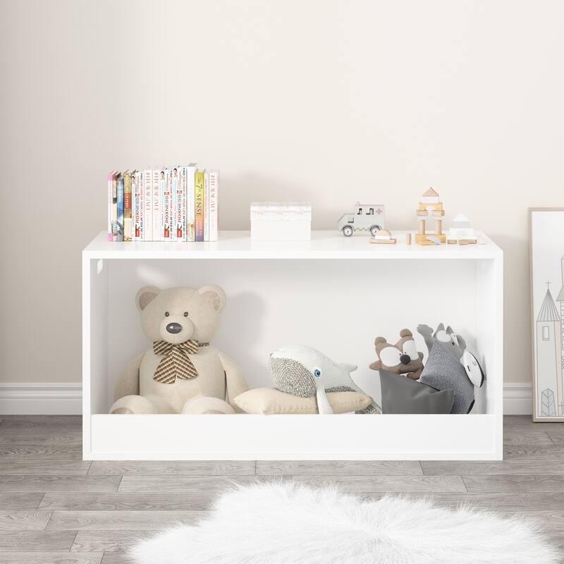 Open Toy Storage Box for Kids, White Wooden Organizer Bin for Plush Toys, Books, Nursery or Playroom Use