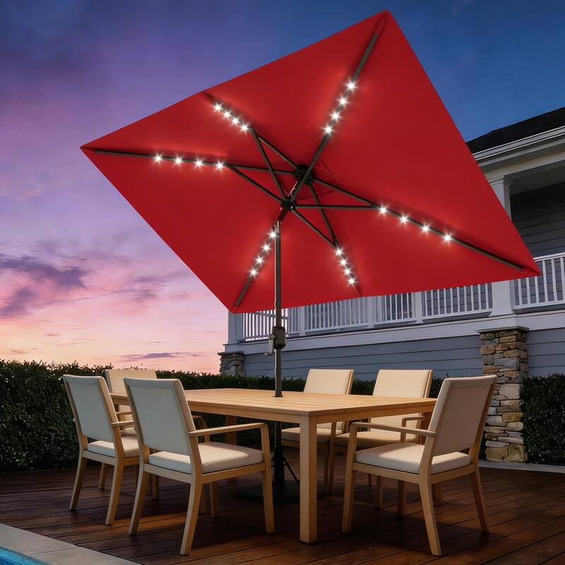 10 x 6.5 ft Solar Rectangular Patio Umbrella, with LED Lights - Red