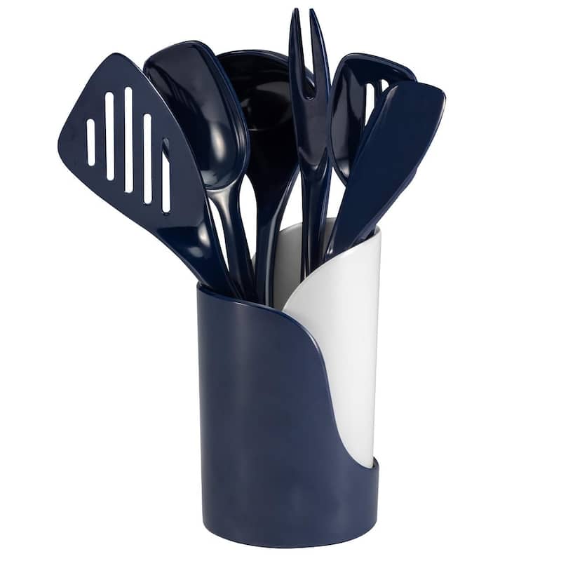 Hutzler 7-Piece Mini Melamine Cooking Utensils and Storage Crock Set, Includes 7.5 Inch Long Fork, Slotted Spoon,... - Blue