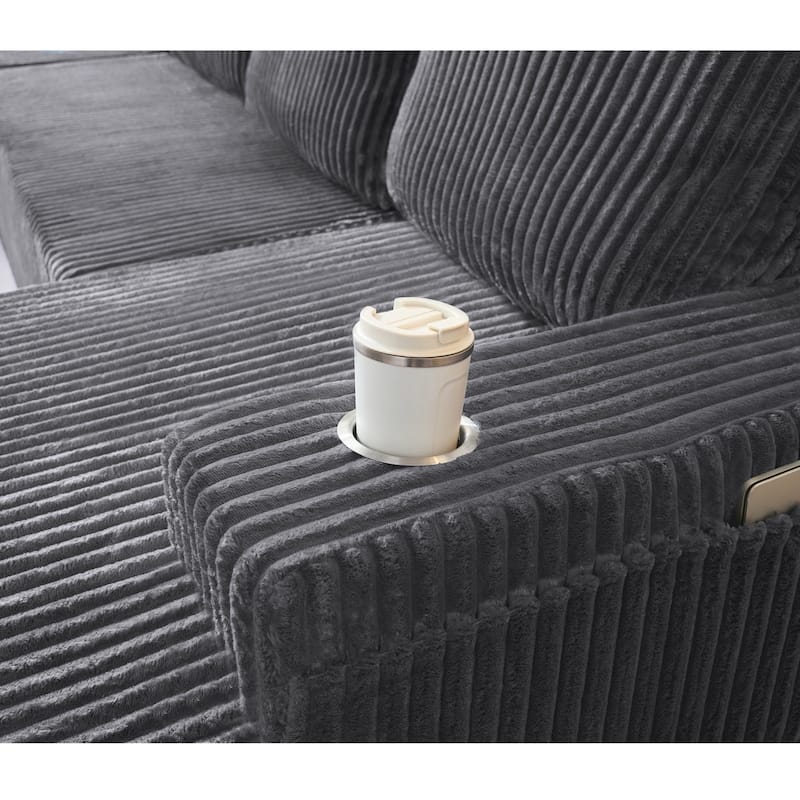 130" U-Shaped Corduroy Sectional Sofa with Cup Holders, No Assembly Required