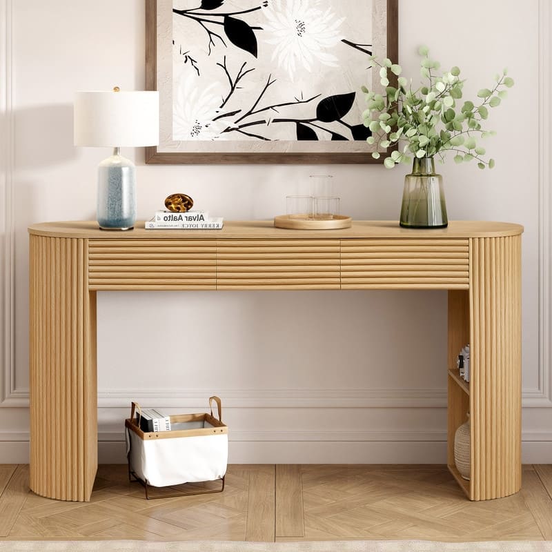 Mid-Century Retro 59.8" Console Table with Drawers and Storage Shelf for Entryway or Living Room