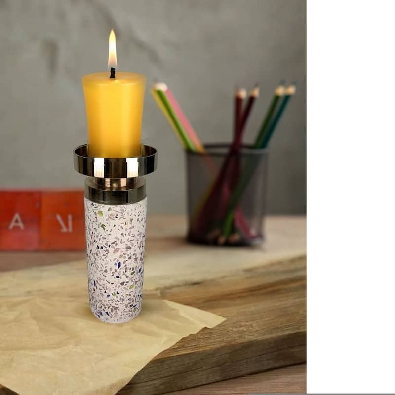 Pink Cement Candlestick Set of Two with Gold Accent Modern Decor