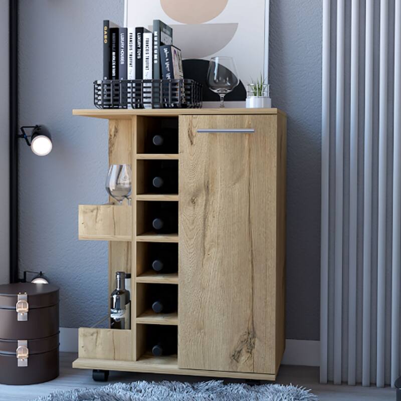 Black 32" H Bar-Coffee Cart with 6 Bottle Cubbies, 2 Open Shelves, and Locking Casters for Kitchen & Bar