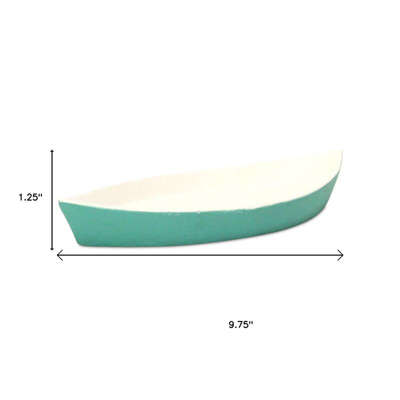 HomeRoots 10" Aqua And White Cast Iron Oval Boat Shaped Tray - 9.75 in. x 1.25 in. x 4.25 in.