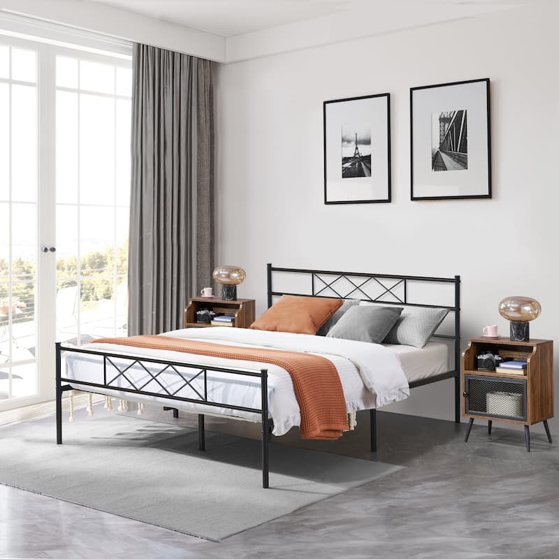Taomika 3-pieces Bed Frame and Brown Nightstands Sets