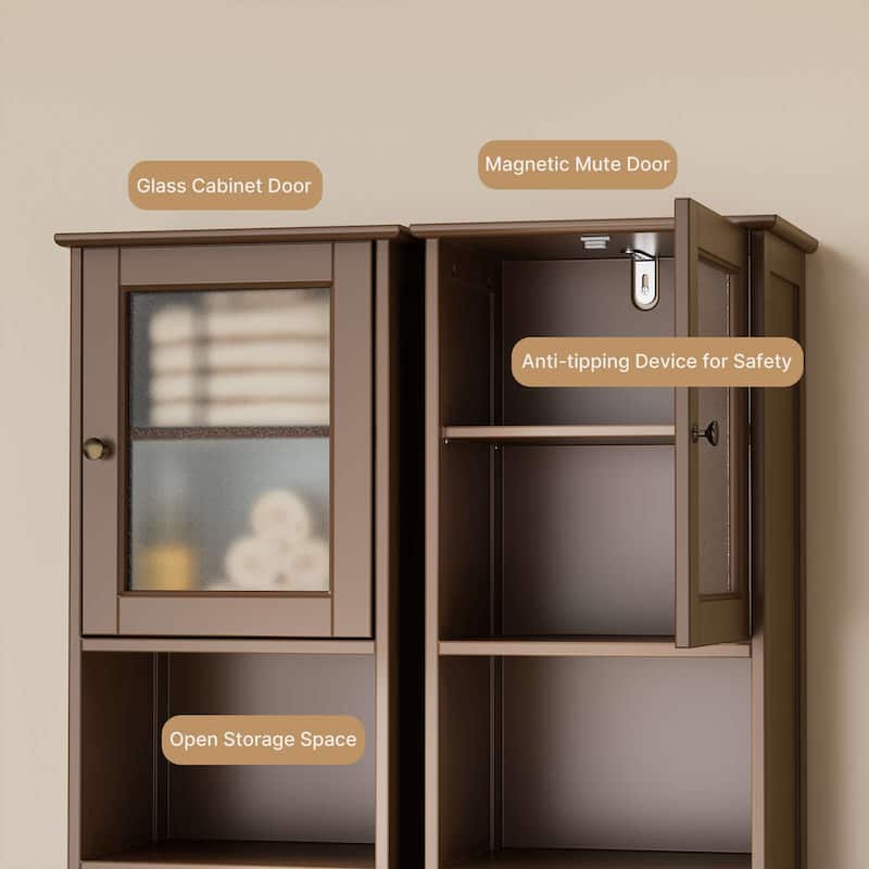 Freestanding Narrow Tall Bathroom Storage Cabinet with Adjustable Shelves, Door and Open Shelves