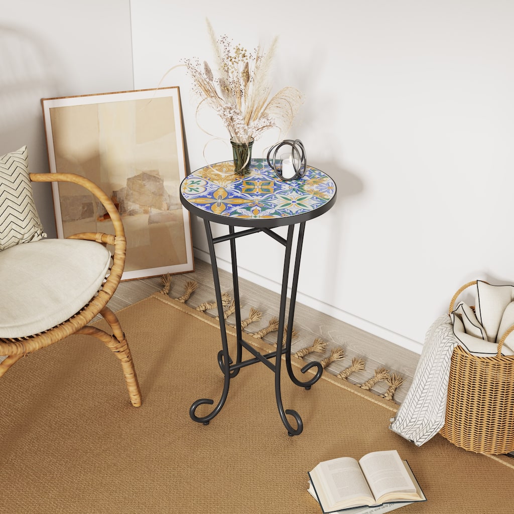Roomfitters Mosaic Outdoor Patio Side Table with Ceramic Tile Top and Curvy Legs, Colorful
