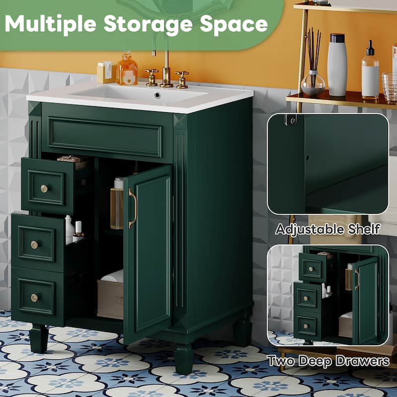 24" Bathroom Vanity With Ceramic Sink, Small Bathroom Sink Cabinet, Modern Cabinet With 2 Drawers And Adjustable Shelf