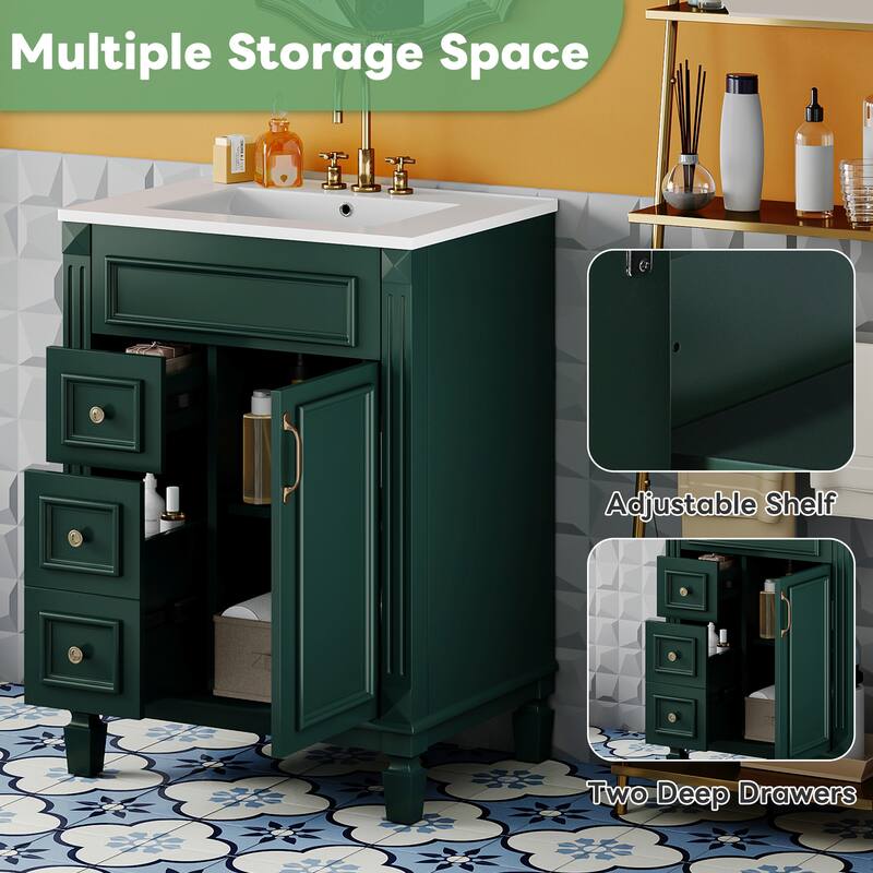 24" Bathroom Vanity with Ceramic Sink - Modern 2-Drawer Storage Cabinet, Adjustable Shelf, Space-Saving Design
