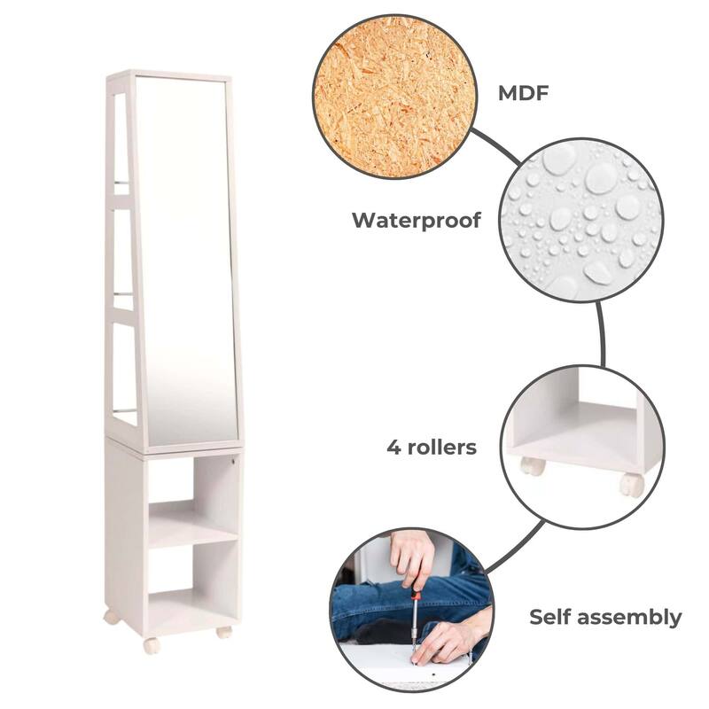 Rotating Bathroom Storage Cabinet with Mirror - 360° Swivel Tower Organizer with Rolling Base & Towel Hooks, White