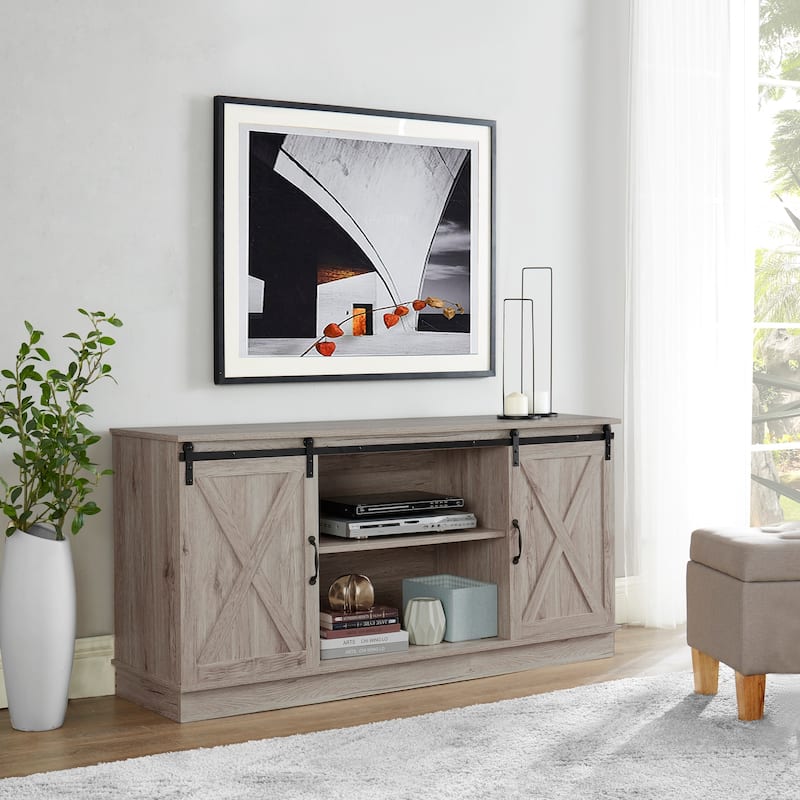 Farmhouse Rustic Wooden 60" TV Stand with Storage Console Cabinet, Sliding Barn Doors Entertainment Center