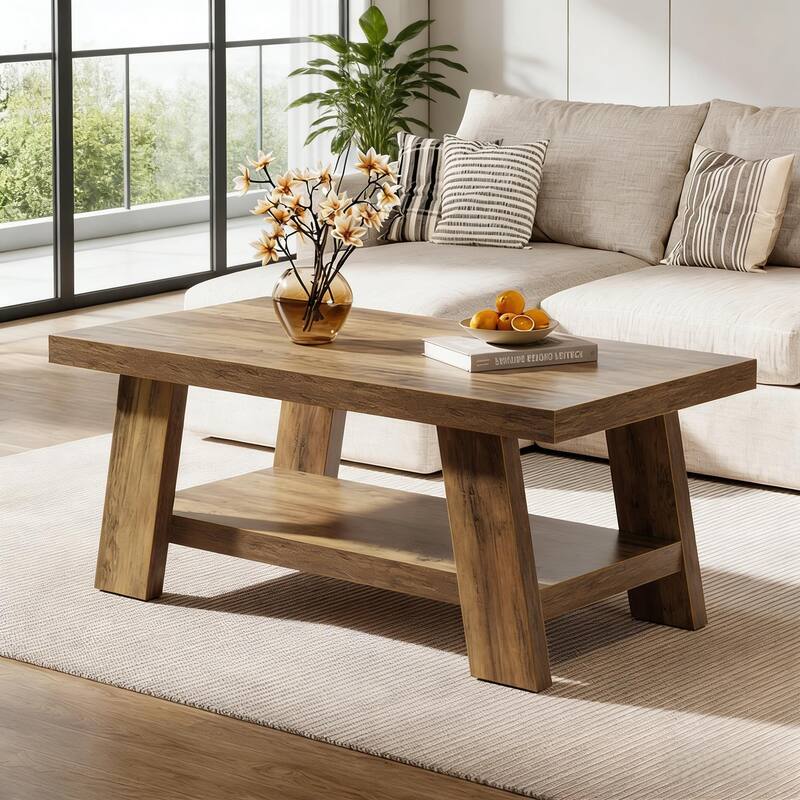 Rustic Tea Table, Spacious Coffee Table, 2-tier Center Table