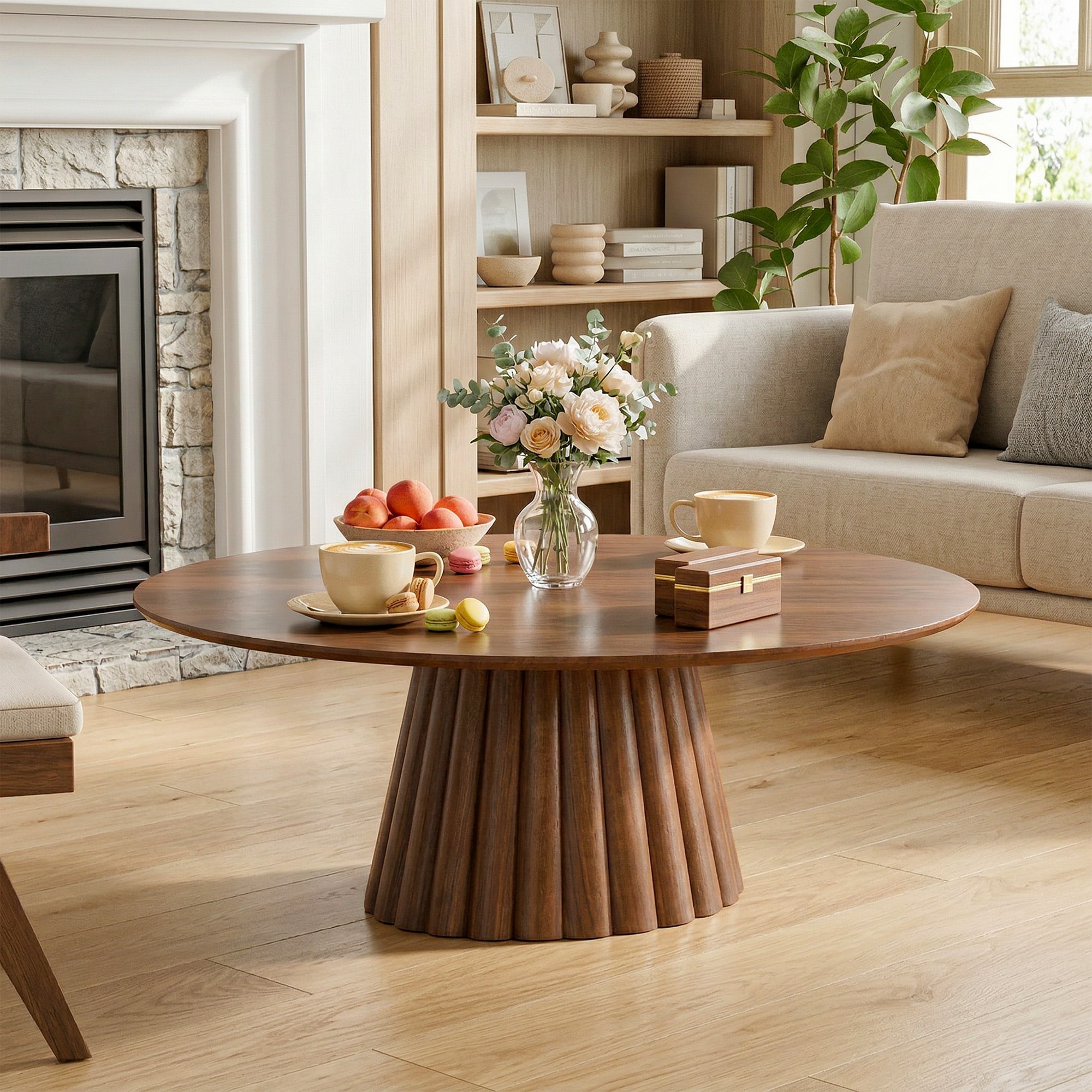 40" Round Coffee Table Modern Coffee Table with Ribbed Conical Base Wood Texture Circle Center Table - N/A