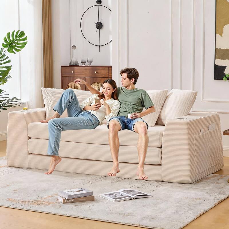 2 in 1 Convertible Sofa Bed, Sleeper Sofa with Storage Pockets, Pull Out Loveseat Couch with Two Cup Holders