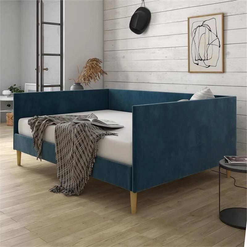 Velvet Upholstered Daybed with Wood Slat Base and Mid-Century Modern Design