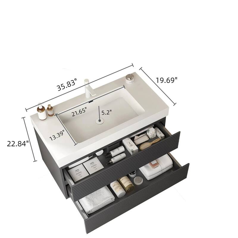Plywood Wall-Mounted Bathroom Vanity Set in Grey with Integrated Acrylic Sink