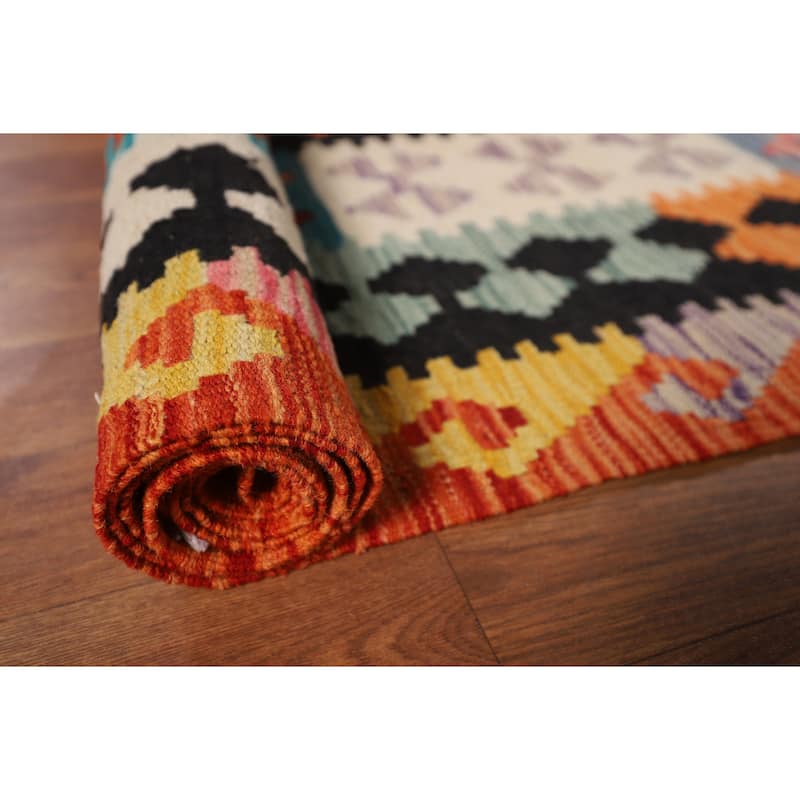 Geometric Kilim Oriental Area Rug Flatweave Orange Wool Carpet - 8'0" x 11'5"