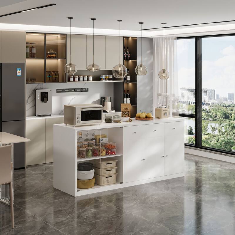 Modern Kitchen Island Buffet Cabinet with Storage Drawers and Tempered Glass Shelves, White Sideboard Cupboard