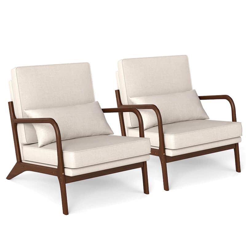 Modern Accent Chair Upholstered Armchair w/ Pillow & Wood Frame - Beige - 2-Piece