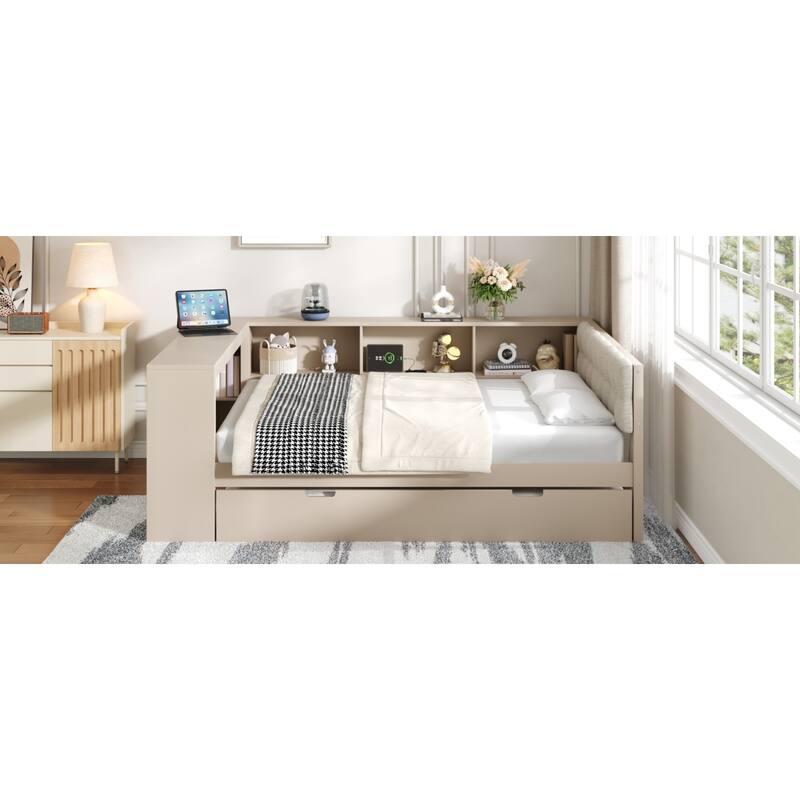 Roomfitters Twin/Full Wood Platform Bed with Trundle, Charging Station and Upholstered Headboard