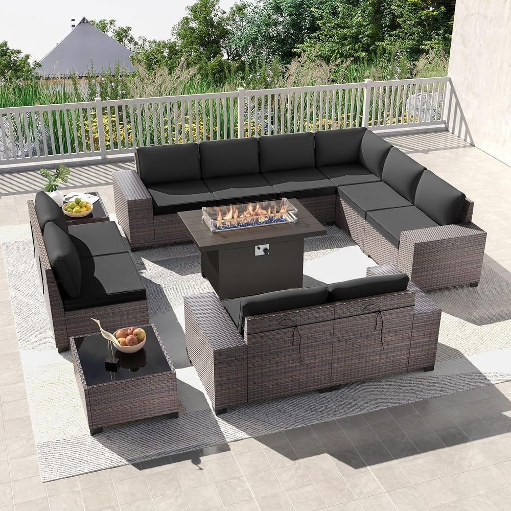 Delnavik 13 Pieces Outdoor Patio Furniture Set with Fire Pit Table w/ Wide Armrests