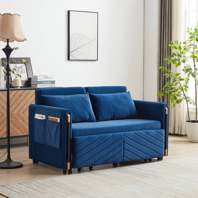 54" Velvet Pull-Out 2-Seater Sofa Bed with Adjustable Backrest & 2 Pillows