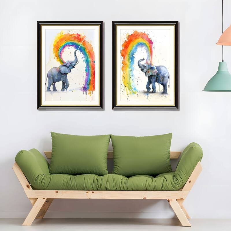Set of 2 Colorful Elephant Framed Wall Art - Replaceable Canvas Prints with Solid Wood Picture Frames, Modern Animal Artwork