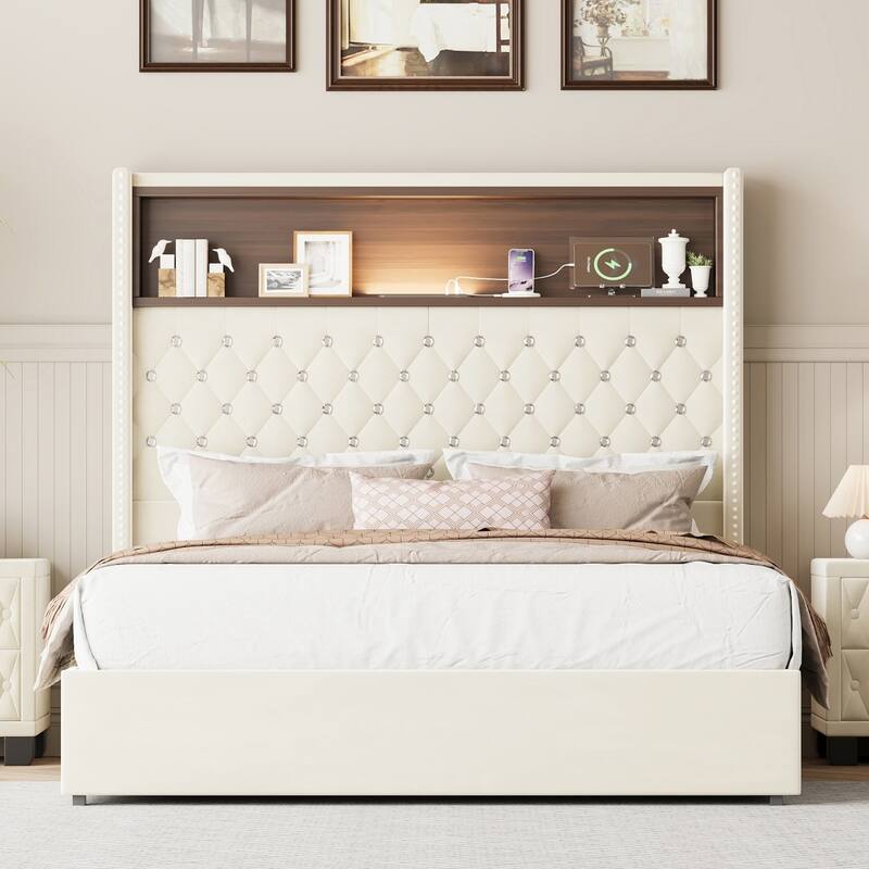 Velvet Tufted Platform Bed with USB Port and Night Light with 52'' High Headboard Shelf - Beige - Full