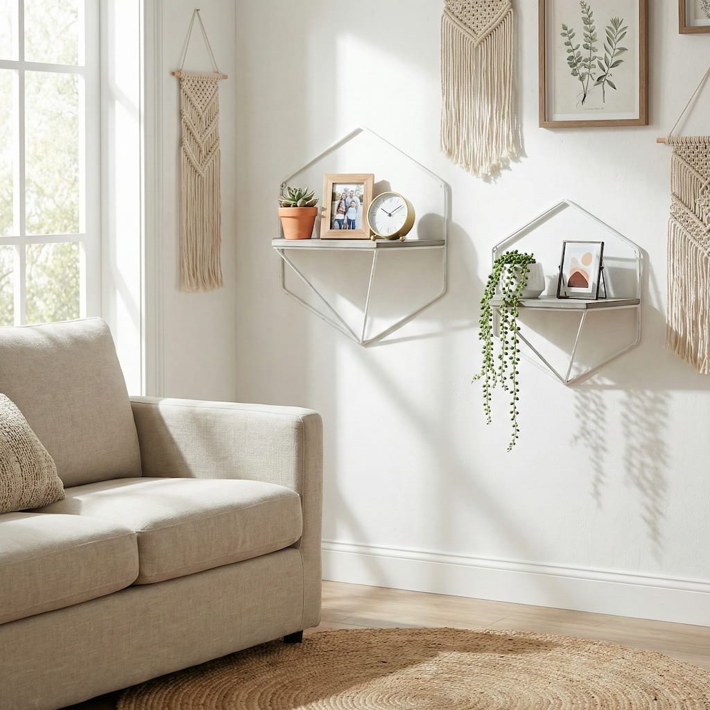 Metal Wood Hexagon Wall Shelves Set of 2 - 17.0"