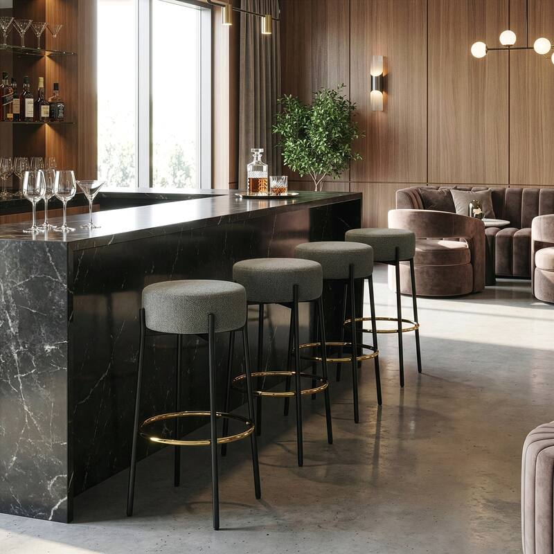 Set of 2 Avon Gray Boucle Backless Bar Stool with Black Metal Legs