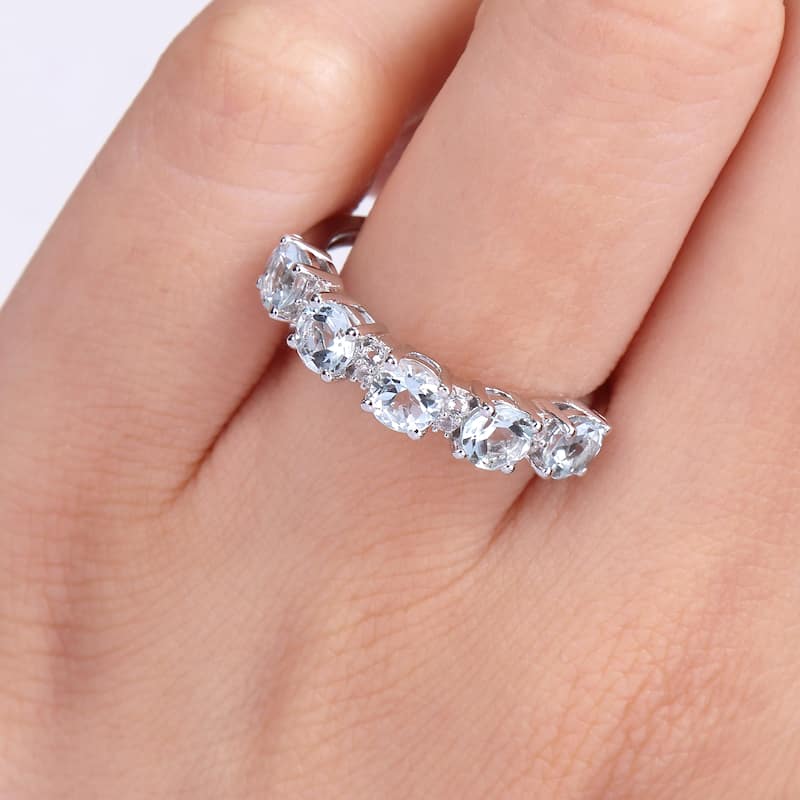 Miadora Sterling Silver Aquamarine and White Topaz Stackable Eternity Wedding Band Ring