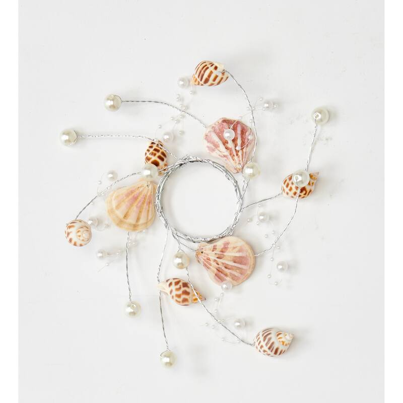 5" Beach Decoration Sea Shell and Pearl Candle Ring, 2" Inner Diameter, Set of 2 - 5