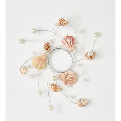 5" Beach Decoration Sea Shell and Pearl Candle Ring, 2" Inner Diameter, Set of 2 - 5