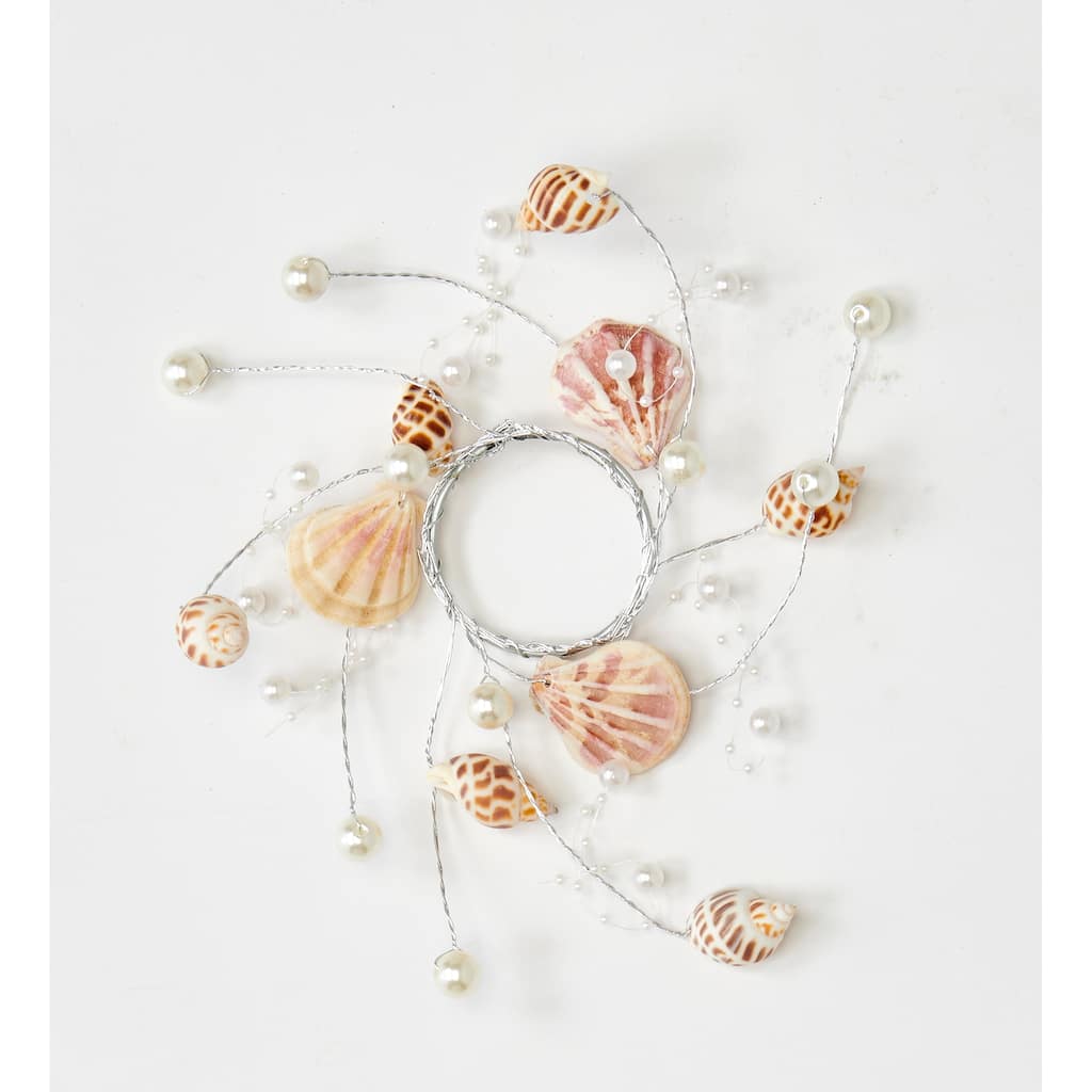 5" Beach Decoration Sea Shell and Pearl Candle Ring, 2" Inner Diameter, Set of 2 - 5